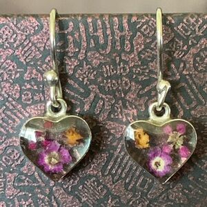 Sterling silver heart earrings with dried flowers
